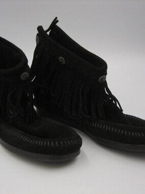 Minnetonka 299 Fringe Moccasin Boots Women's 9 Black Leather Suede Back Zip